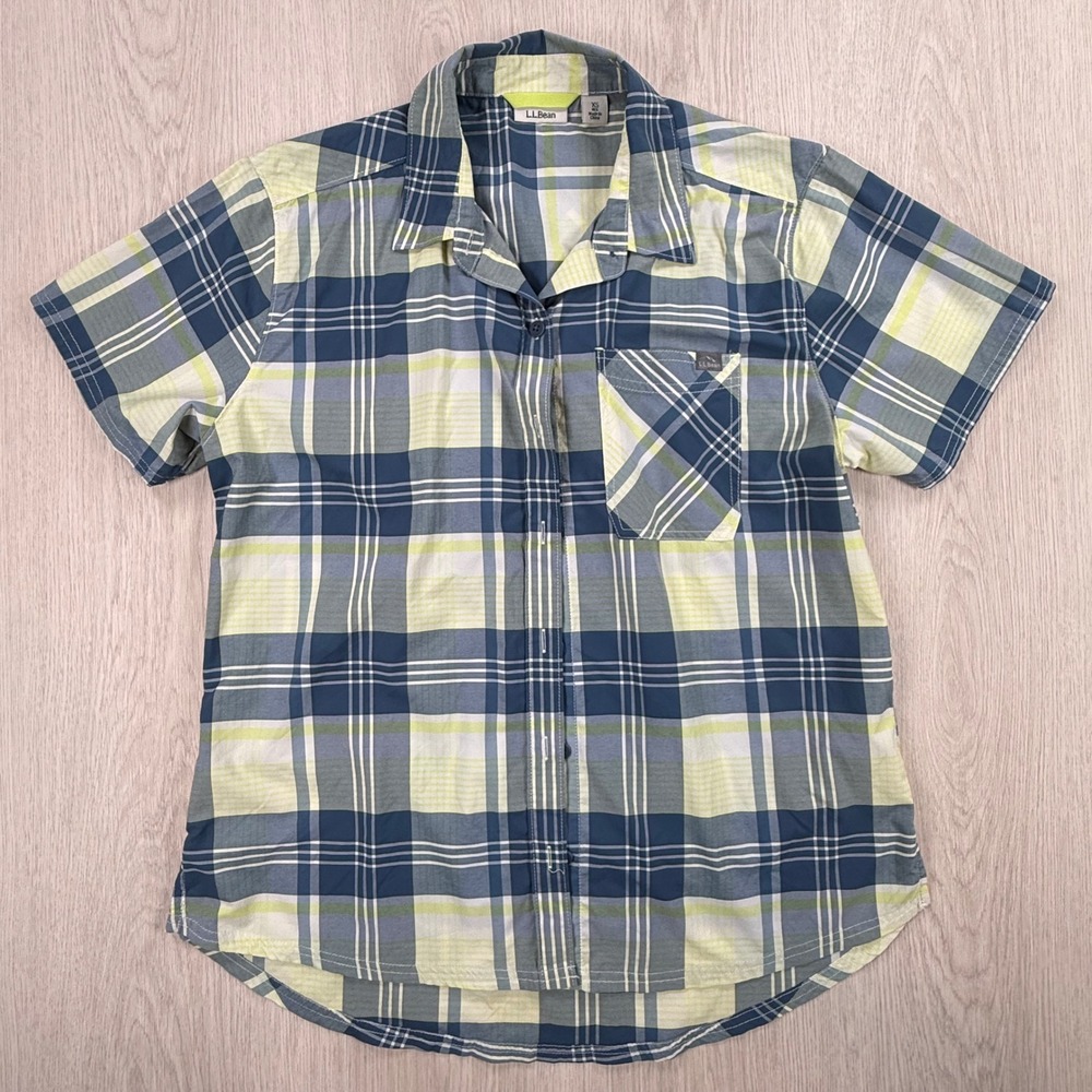 Short Sleeve Shirt LL Bean Womens XS Blue Green Plaid Hiking Outdoor Button Down